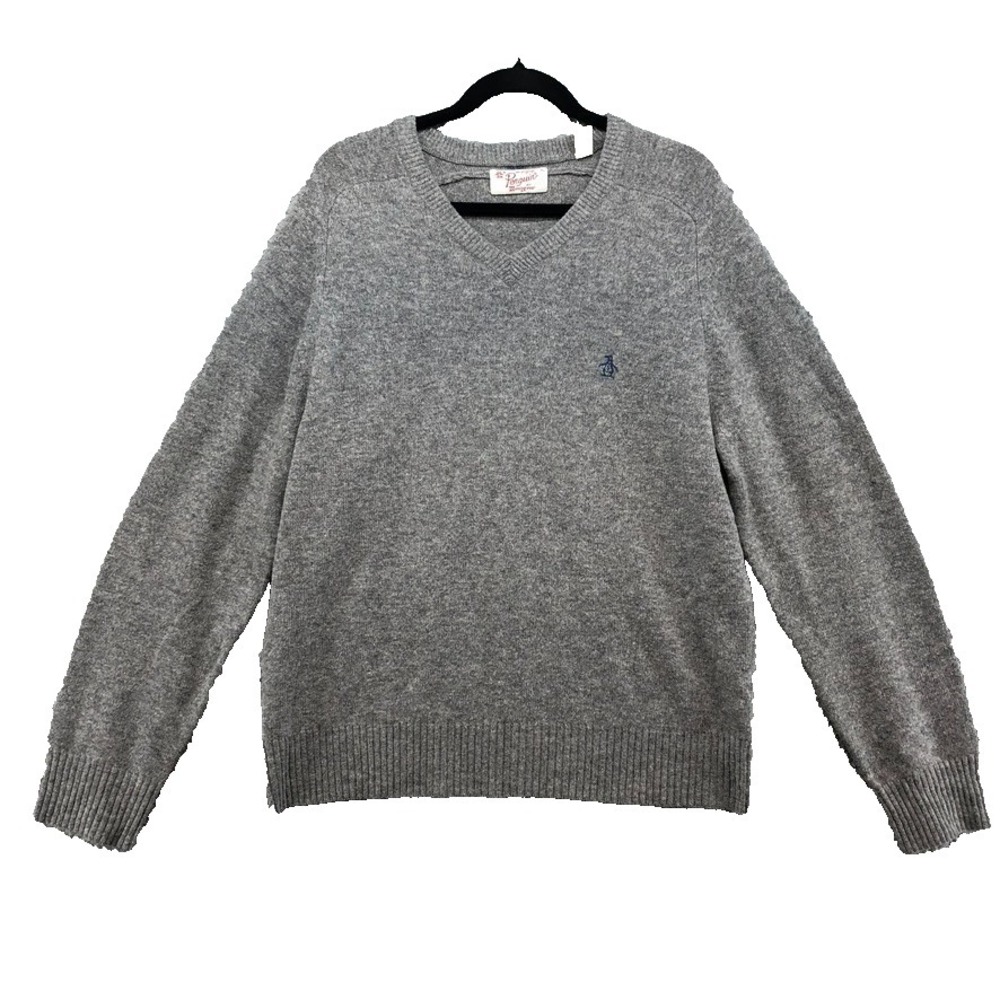 Penguin‎ Wool Sweater Jumper Mens XL Gray V Neck Minimalist Classic Preppy